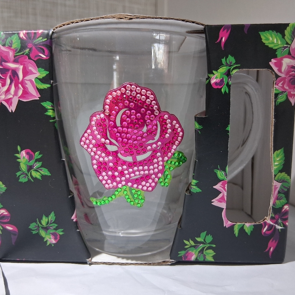 Betsey Johnson Set of 2 Glass Coffee Mugs BEADED ROSES BRAND-NEW sealed - Picture 2 of 12